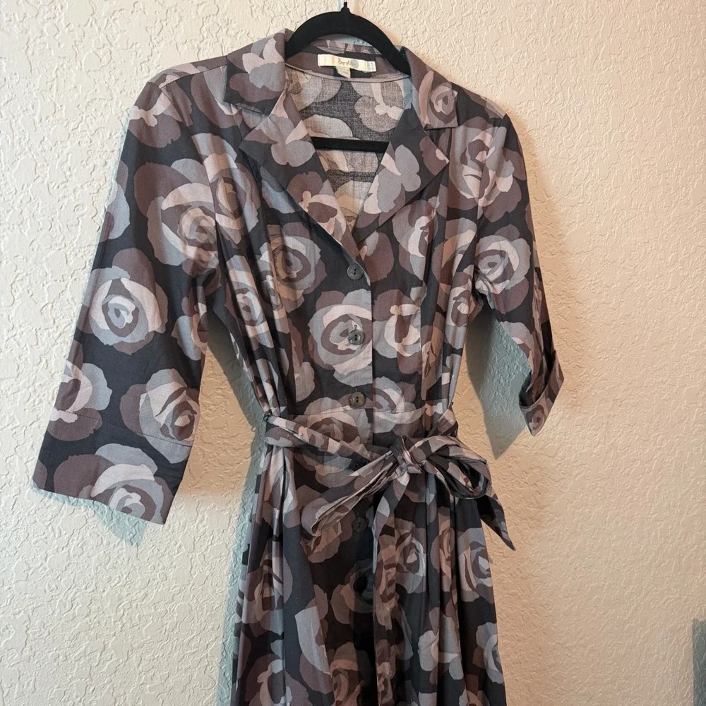 Boden Floral Cotton Shirt Dress 6P Dark Academia Retro Rose Print Grey
